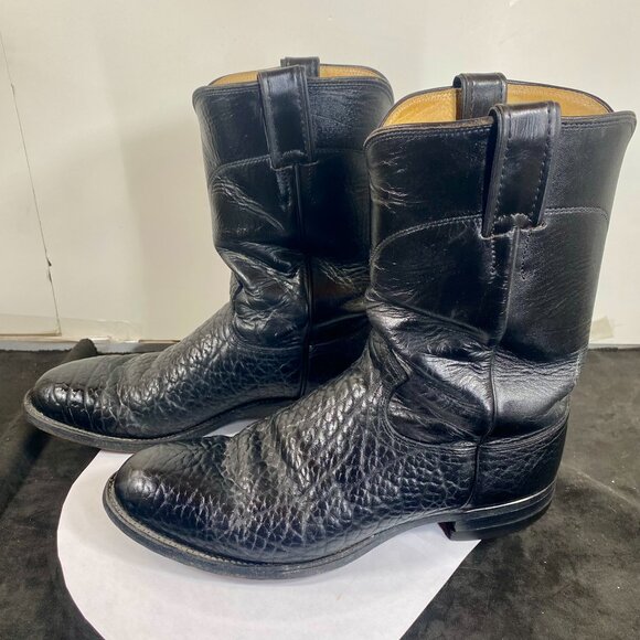 Rare, Men's 8.5EE Justin Black Roper Bull Hide Leather Boots, Made in USA, - Picture 6 of 11